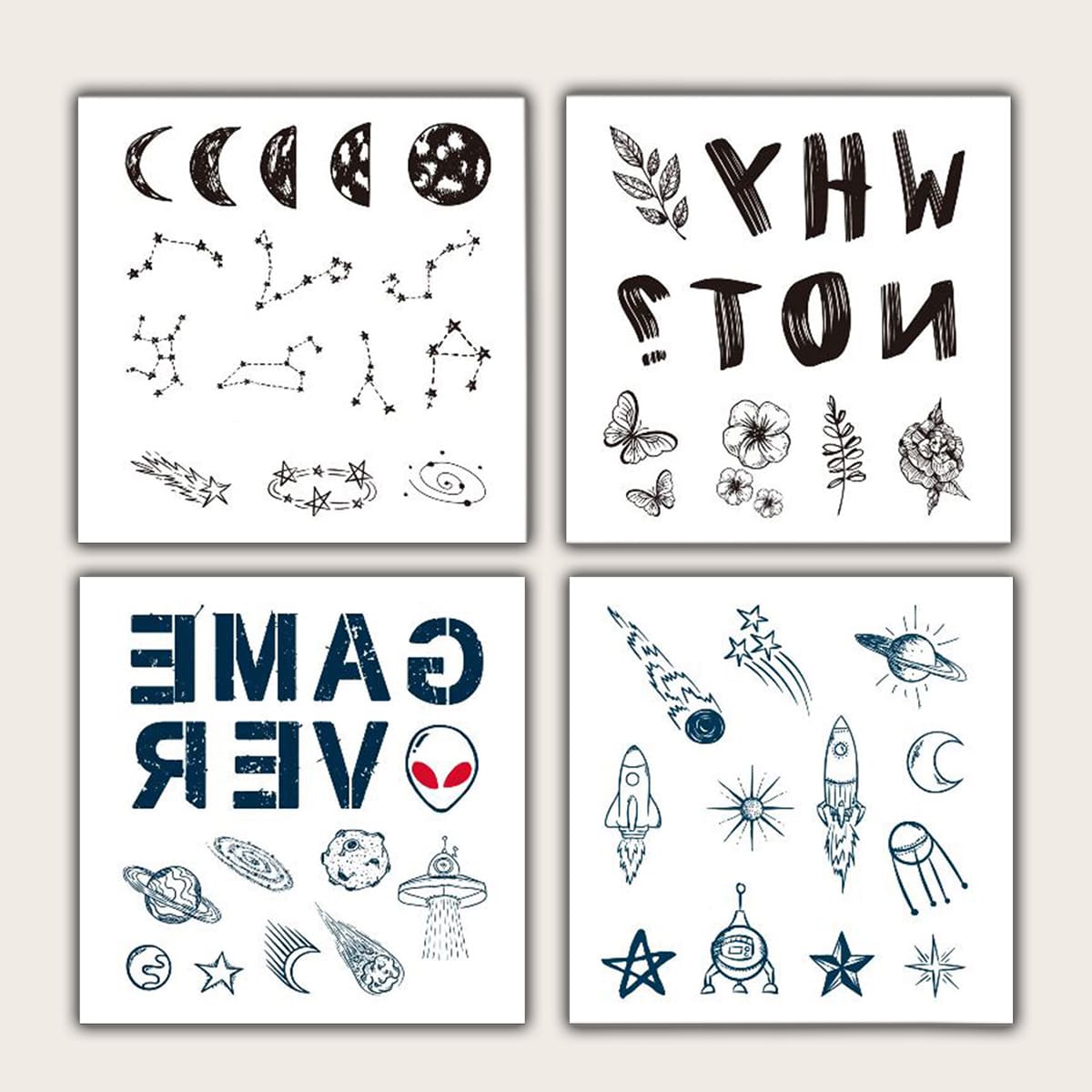 

4sheets Butterfly & Flower Pattern Tattoo Sticker, Black