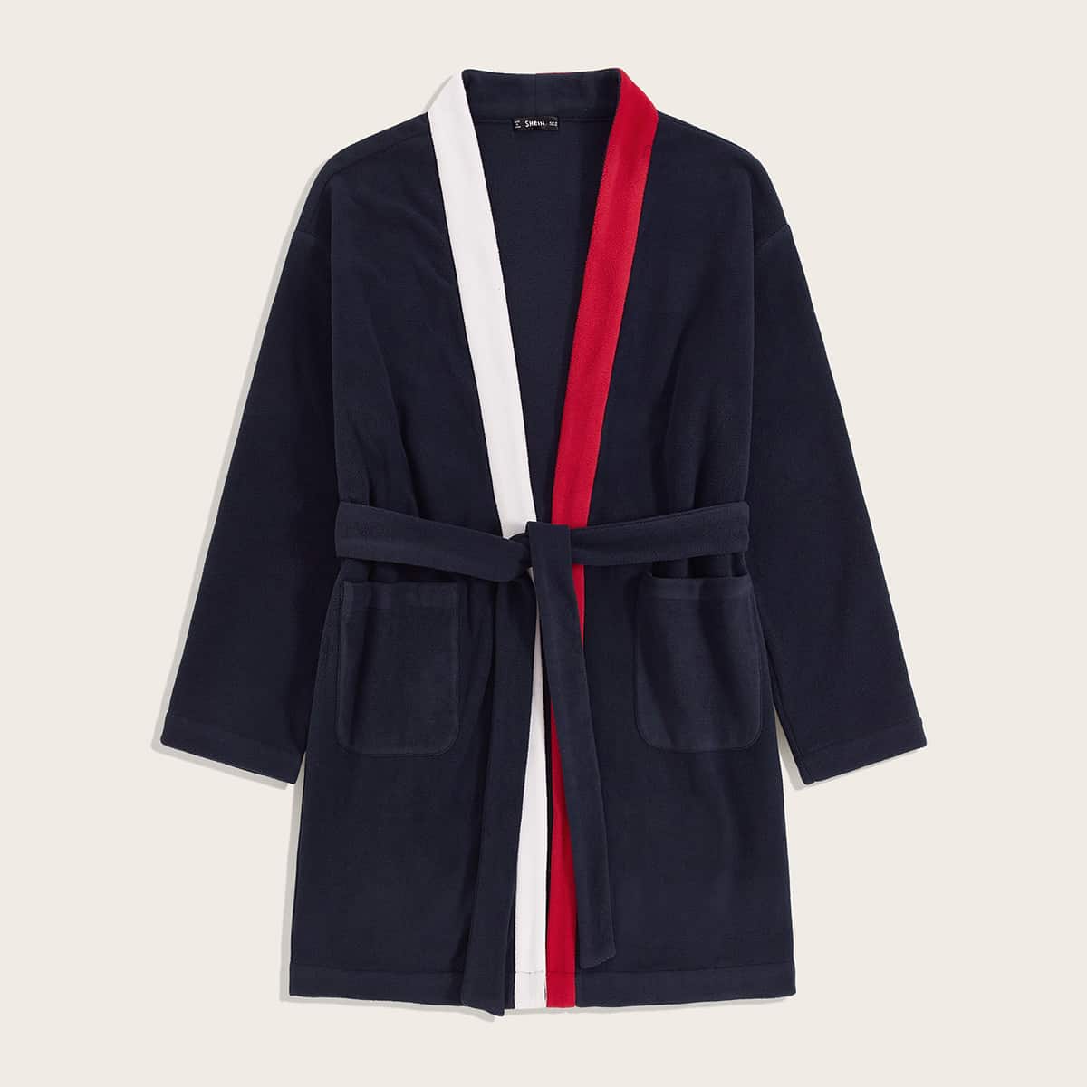 

Guys Contrast Placket Pocket Front Self Belted Fleece Robe, Navy