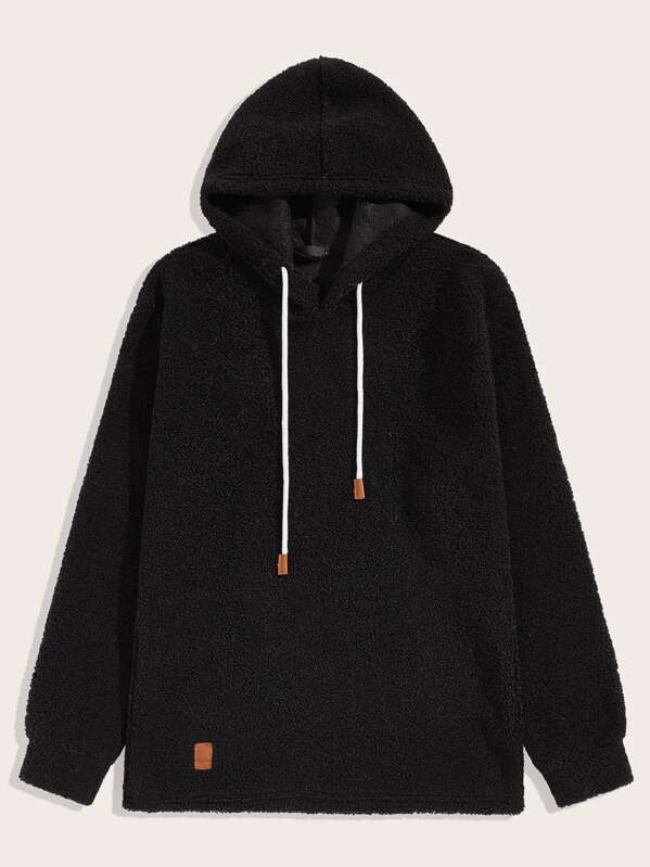 

Men Patched Detail Drawstring Fleece Hoodie, Black