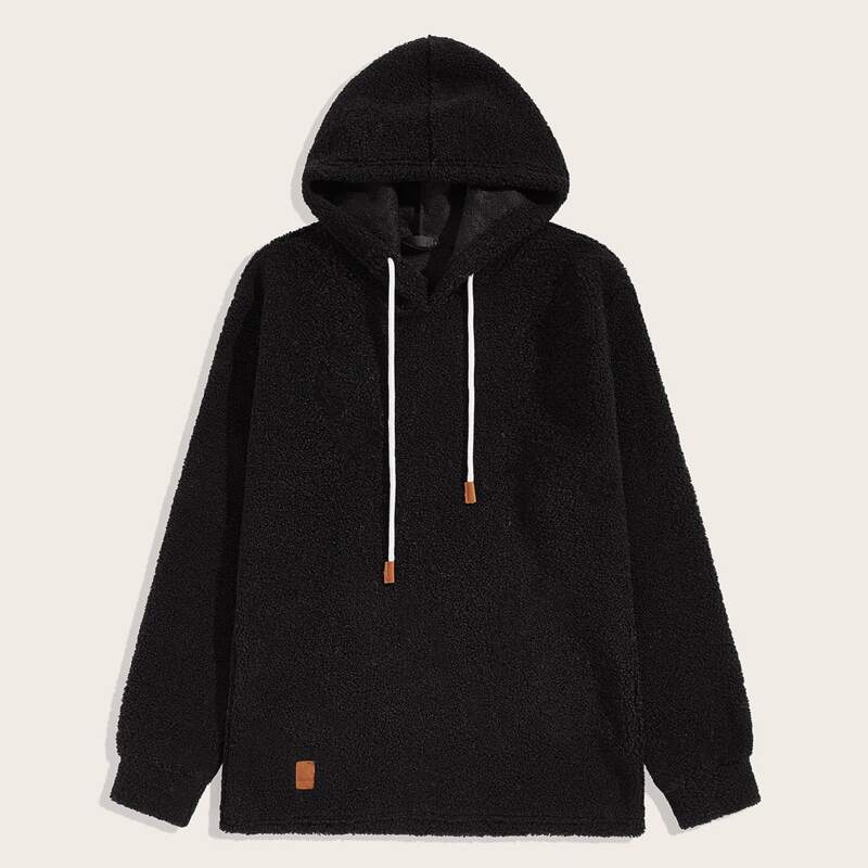 

Guys Patched Detail Drawstring Fleece Hoodie, Black
