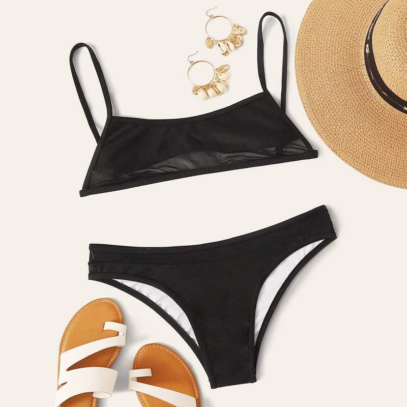 

Contrast Mesh Low Rise Bikini Set, Black