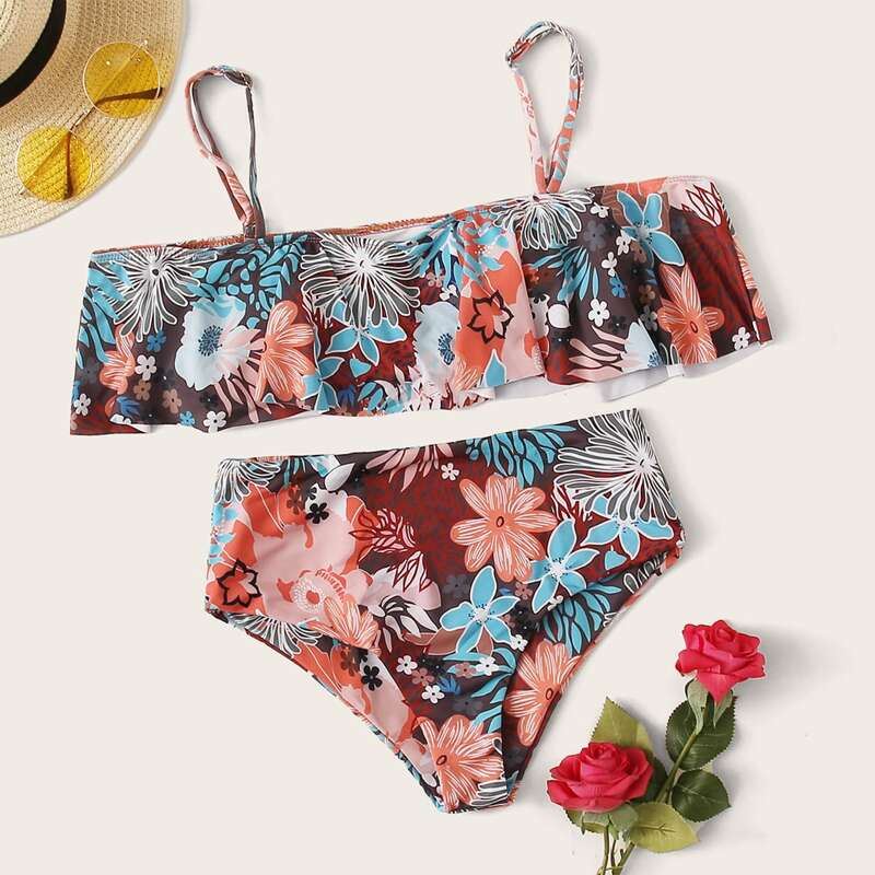 

Floral Ruffle Top With High Waist Bikini Set, Multicolor