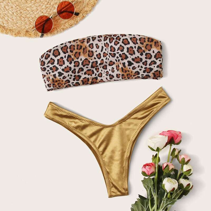 

Leopard Pattern Bandeau With High Cut Bikini Set, Multicolor