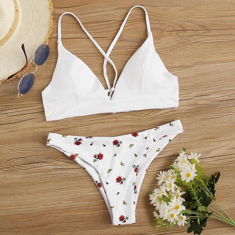 

Criss Cross Top With Floral Print Bikini Set, Multicolor