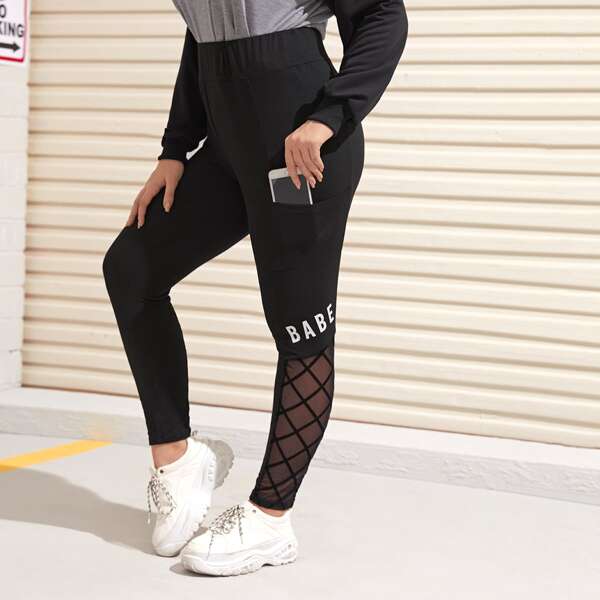 

Plus Geo Mesh Insert Letter Graphic Leggings, Black