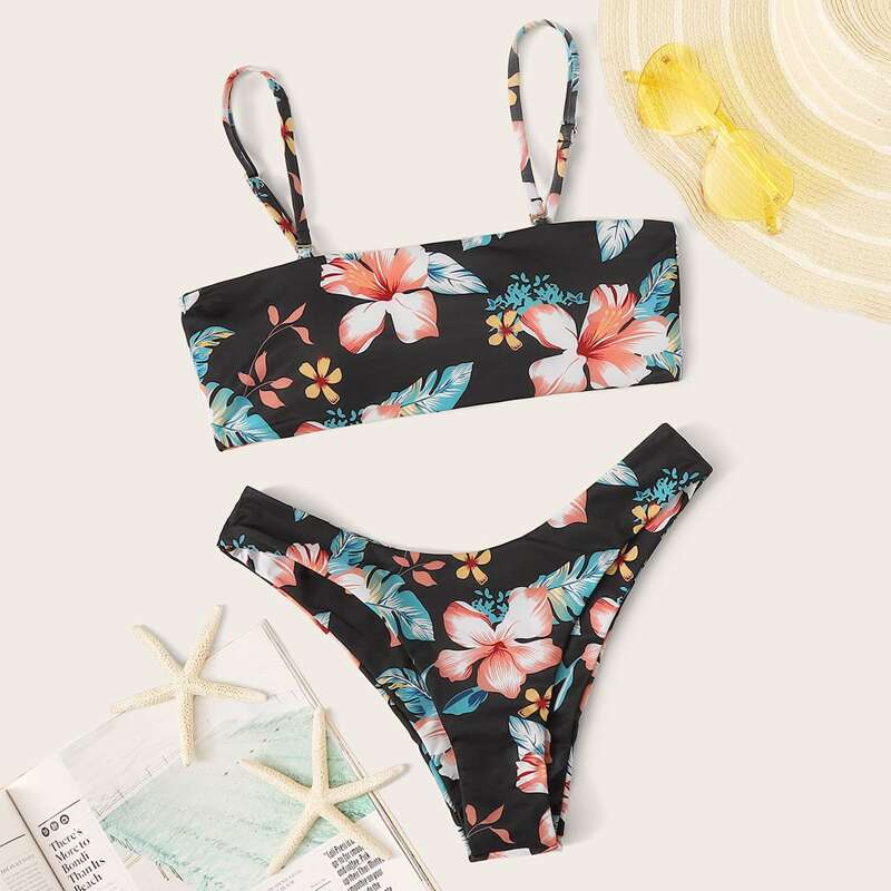 

Floral Print Top With High Cut Bikini Set, Multicolor