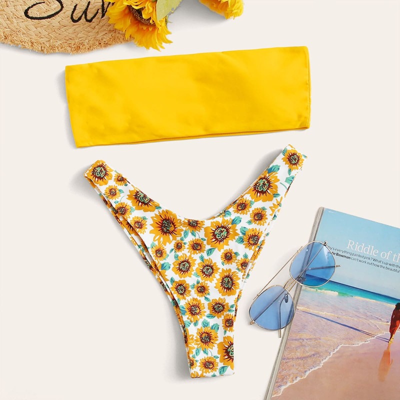 

Bandeau Top With Sunflower Print Bikini Set, Multicolor