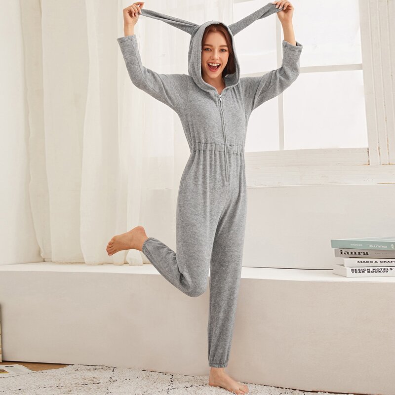 

Rabbit Shaped Zipper Front Onesie, Grey