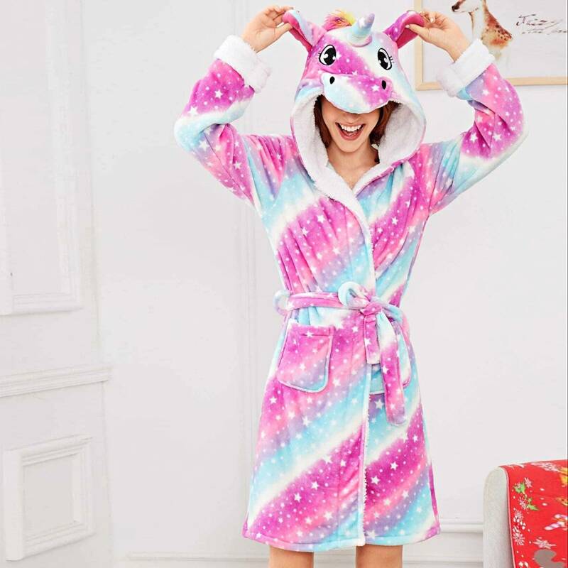 

Star Print Unicorn Shaped Belted Hooded Robe, Multicolor