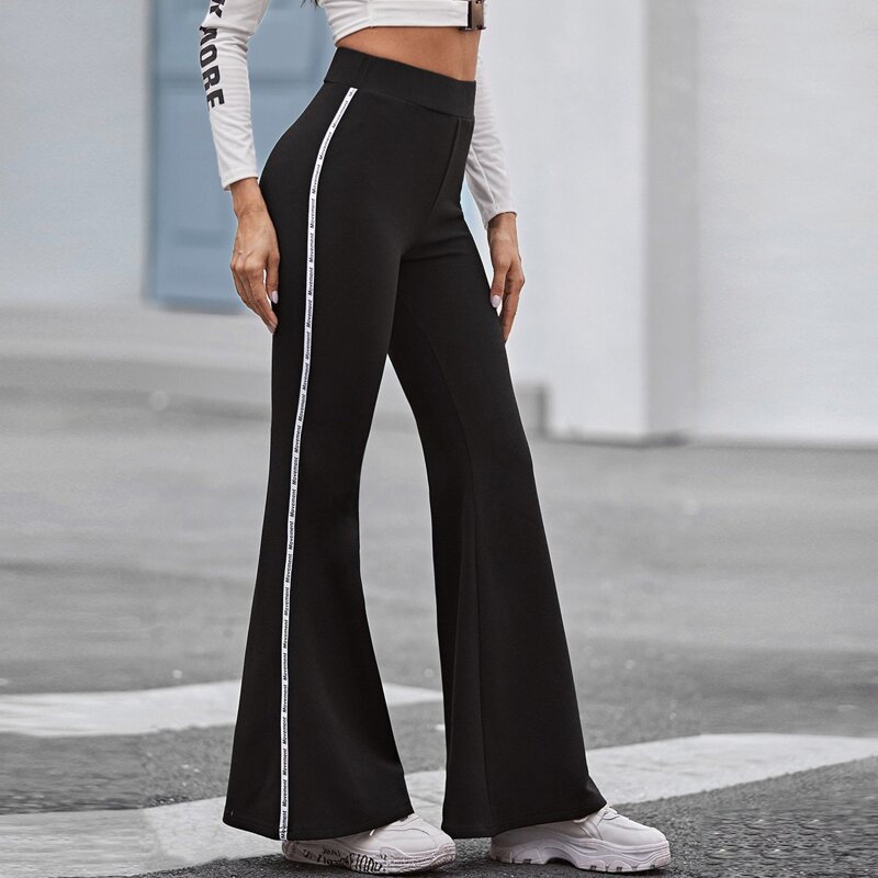 

Letter Tape Side Flare Leg Jersey Pants, Black