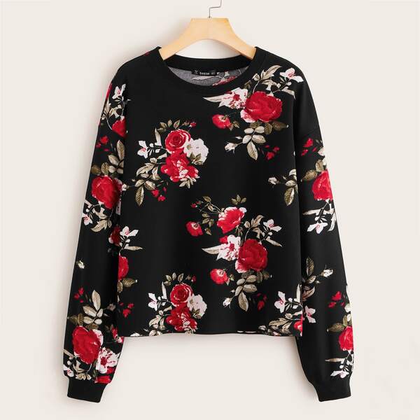 

Drop Shoulder Floral Print Top, Black