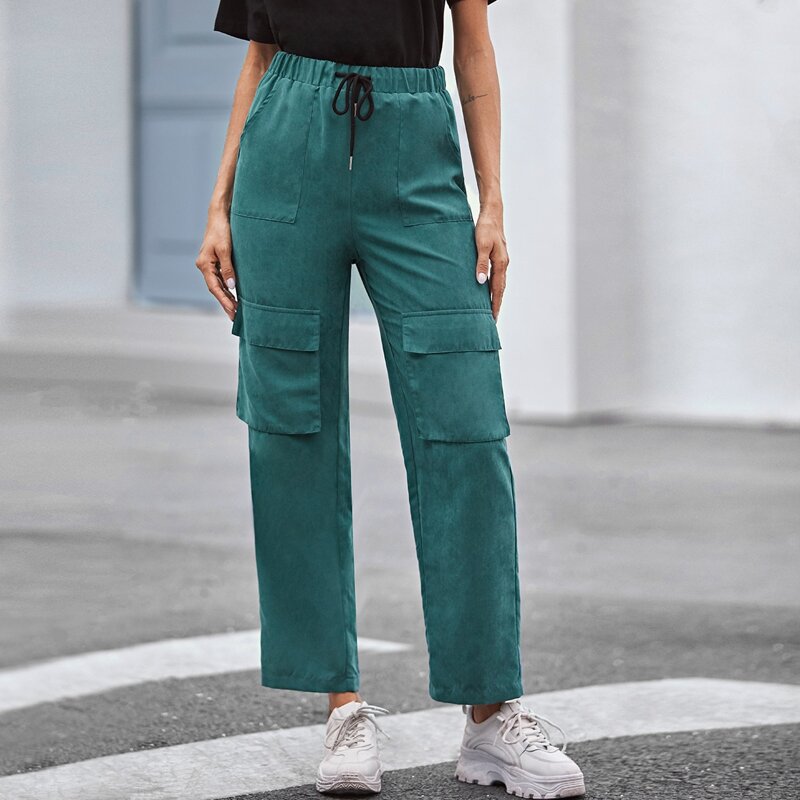 

Drawstring Waist Flap Pocket Front Pants, Green