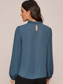 SHEIN Clasi Áo sơ mi Nút màu trơn Hải quân Thanh lịch - Màu xanh bụi bặm - Xem 2