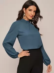 SHEIN Clasi Áo sơ mi Nút màu trơn Hải quân Thanh lịch - Màu xanh bụi bặm - Xem 4