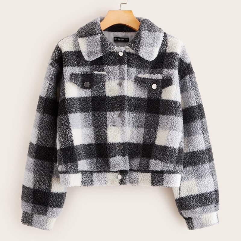 

Single Breasted Plaid Teddy Jacket, Black and white