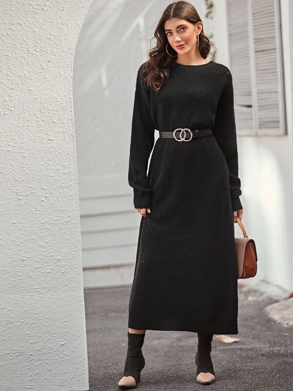 

Drop Shoulder Sweater Dress Without Belt, Black, JULIAk