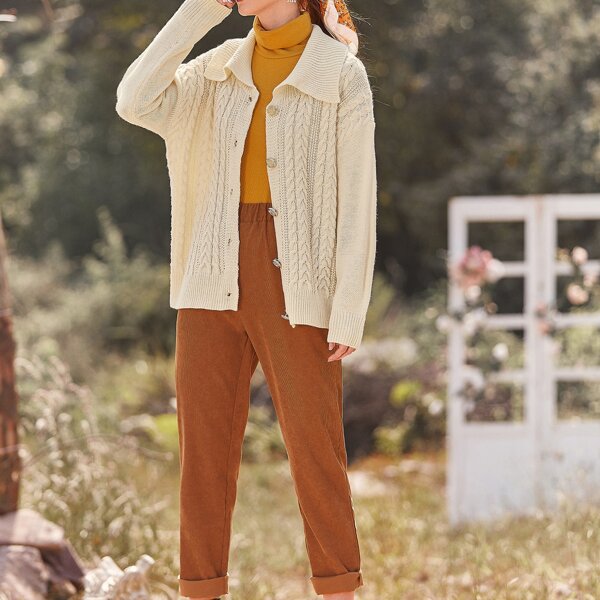 

Cable Knit Button Front Cardigan, Beige