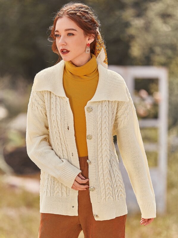 

Cable Knit Button Front Cardigan, Beige, Poly