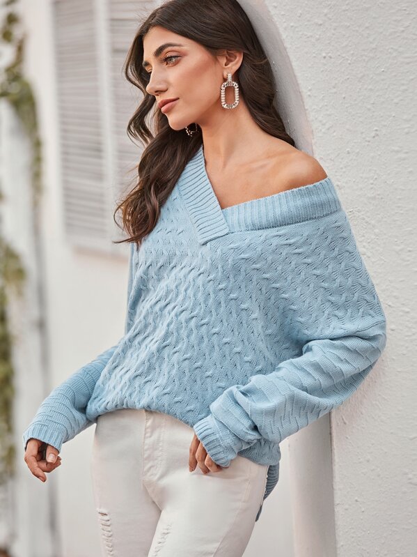 

Overlap V-neck Cable Knit Oversized Jumper, Blue, JULIAk