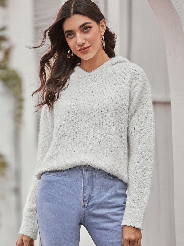 

Boucle Knit Hooded Sweater, White, JULIAk