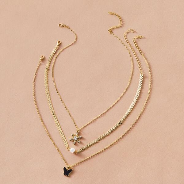 

3pcs Butterfly & Faux Pearl Charm Necklace, Gold
