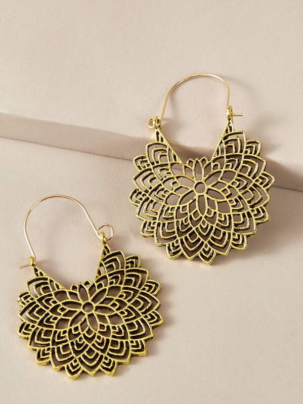 

1pair Tribal Textured Round Drop Earrings, Gold