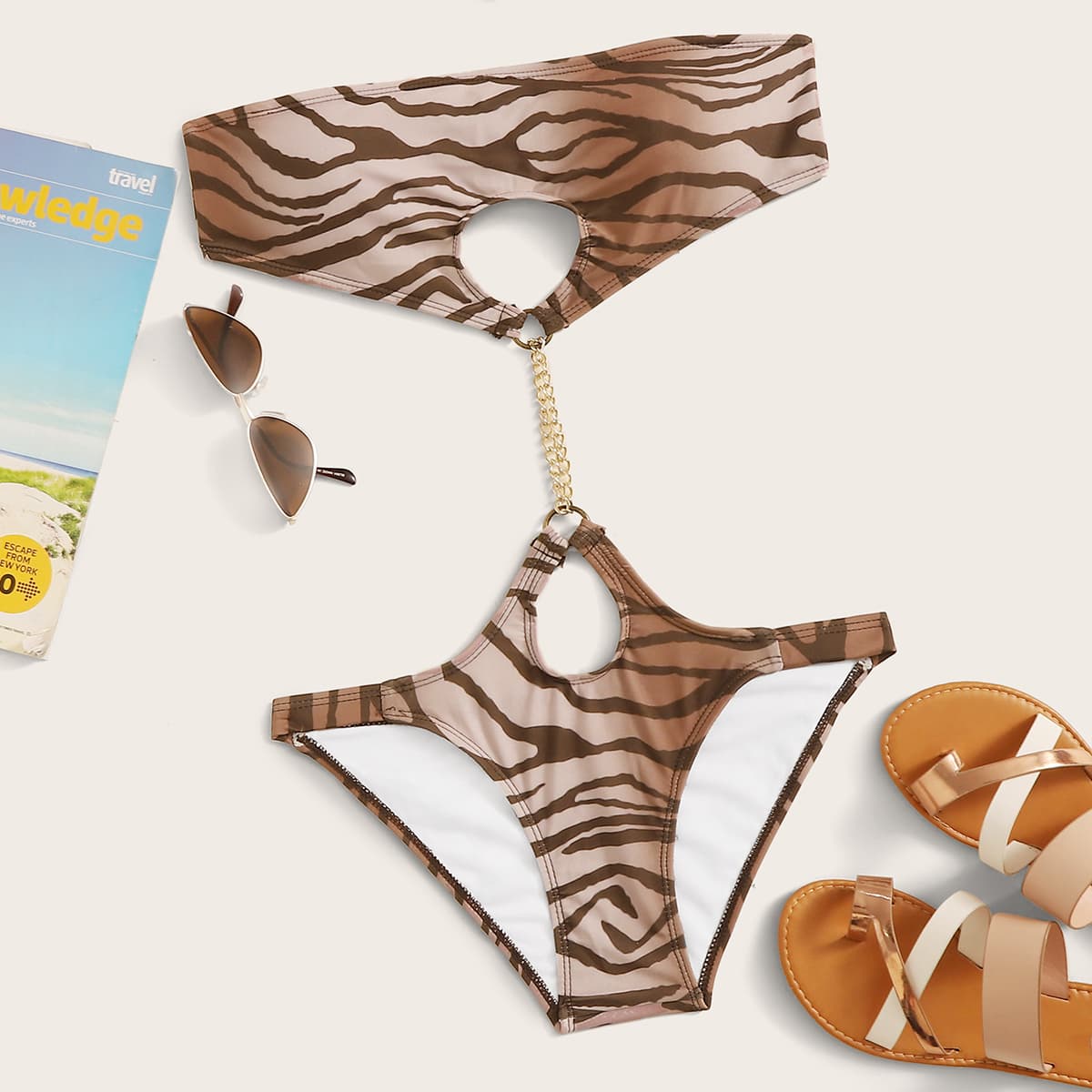 

Chain Linked Zebra Striped One Piece Swimsuit, Multicolor