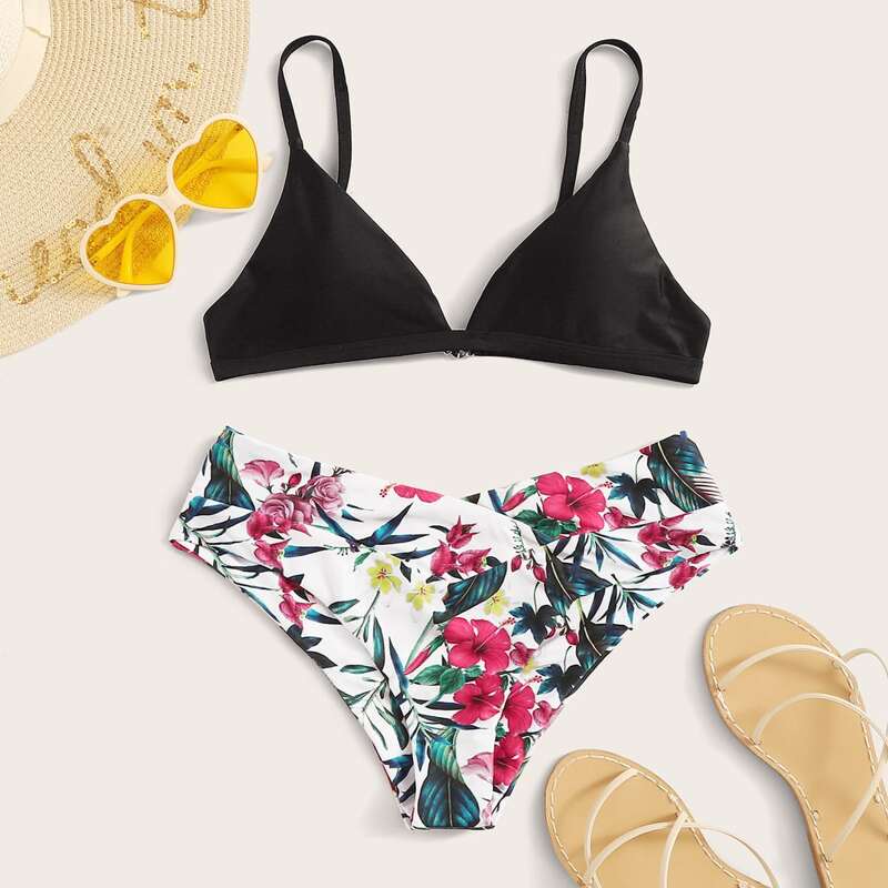 

Solid Top With Floral Print Bikini Set, Multicolor