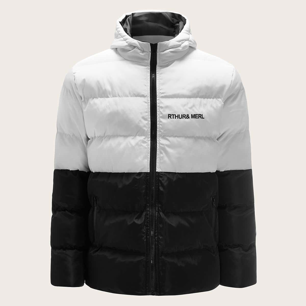 

Guys Two Tone Letter Graphic Hooded Padded Jacket, Black and white