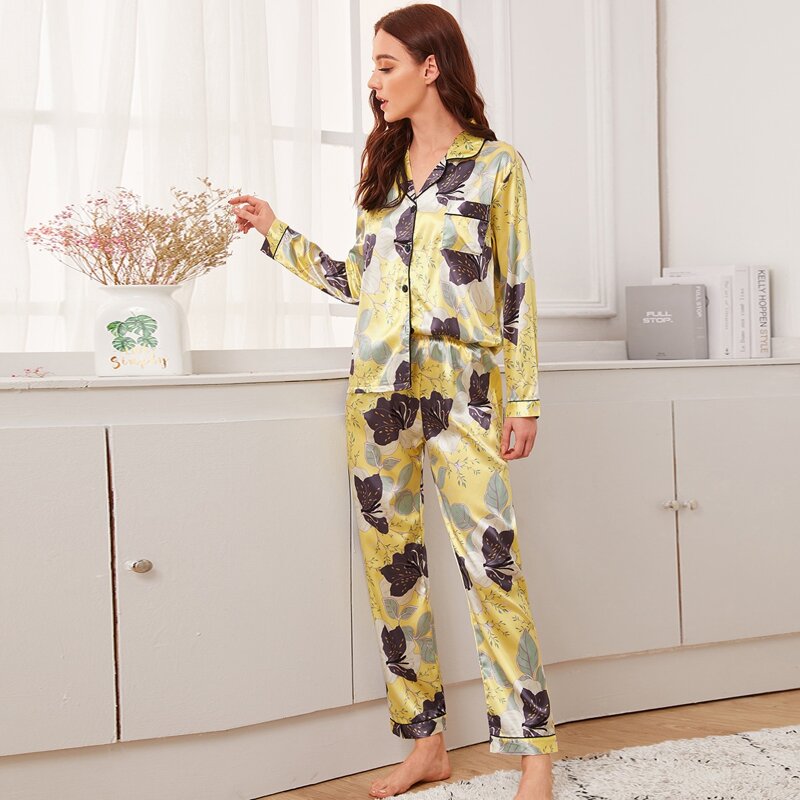 

Floral Print Satin PJ Set, Yellow