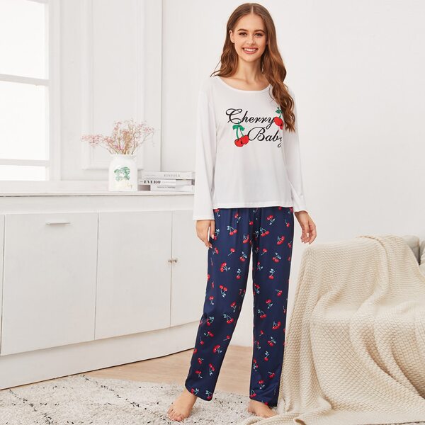 

Letter & Cherry Print PJ Set, Multicolor