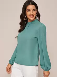 SHEIN Clasi Frilled Neck Puff Sleeve Blouse - Green - View 3