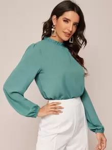 SHEIN Clasi Frilled Neck Puff Sleeve Blouse - Green - View 4