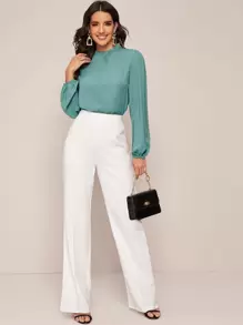 SHEIN Clasi Frilled Neck Puff Sleeve Blouse - Green - View 5