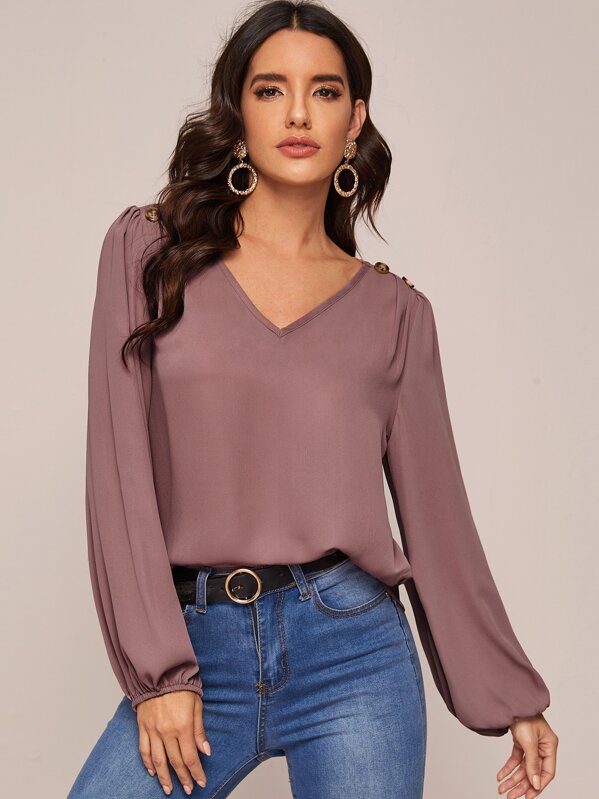 

Solid Buttoned Shoulder Lantern Sleeve Top, Nude, Juliana