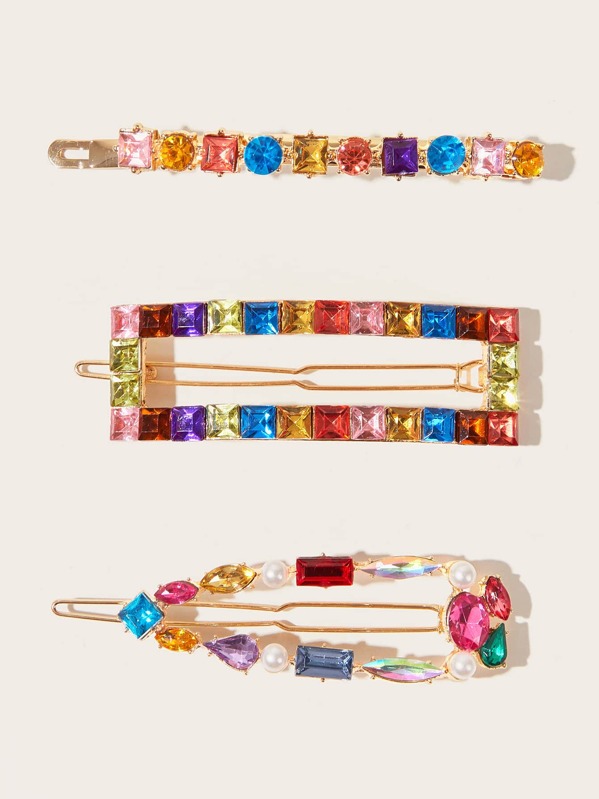 

3pcs Rhinestone Engraved Faux Pearl Hair Clips, Multicolor