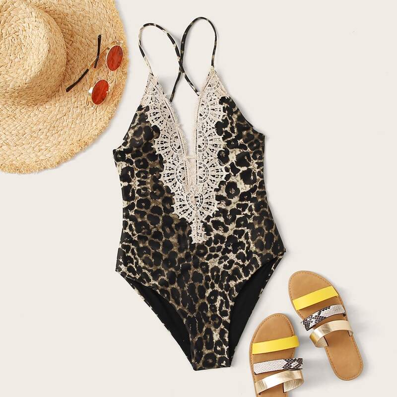 

Contrast Crochet Leopard Pattern One Piece Swimsuit, Multicolor