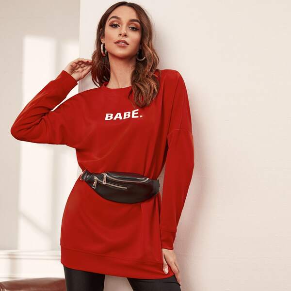 

Letter Graphic Oversized Sweatshirt Without Bag, Red