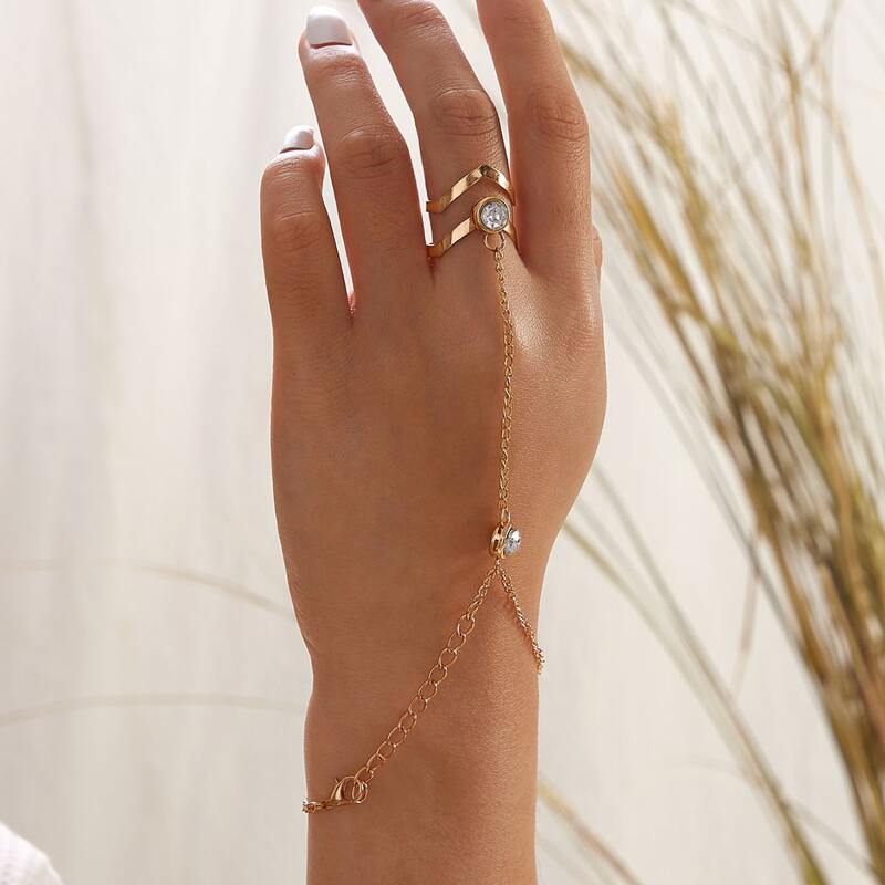 

1pc Rhinestone Engraved Finger Chain Bracelet, Gold