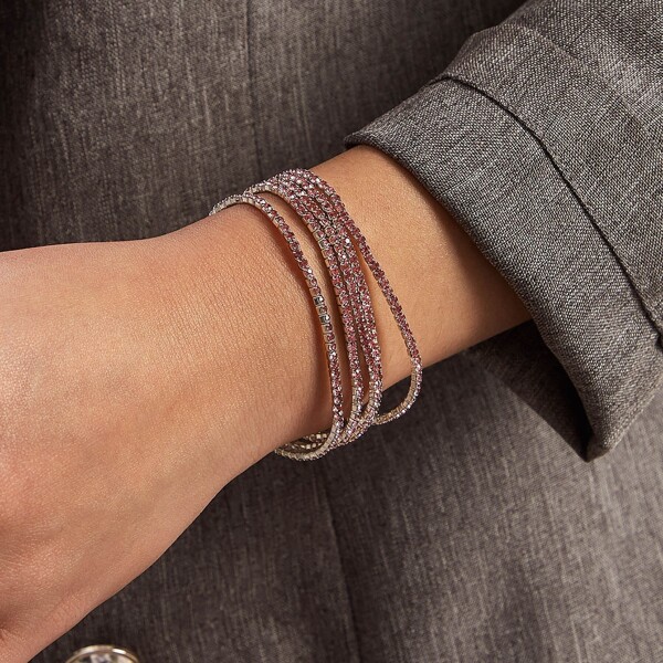 

5pcs Rhinestone Engraved Bangle Set, Pink