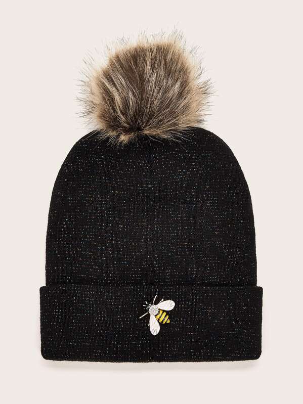 

Rhinestone Engraved Bee Pom Pom Decor Beanie, Black