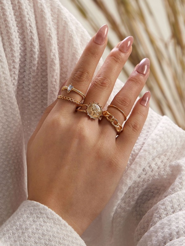 

5pcs Rhinestone & Link Decor Ring, Gold