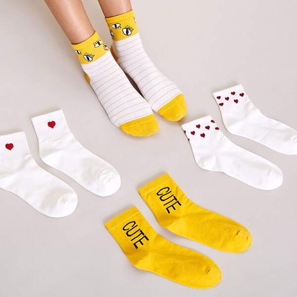 

4pairs Heart & Eye Pattern Socks, Multicolor