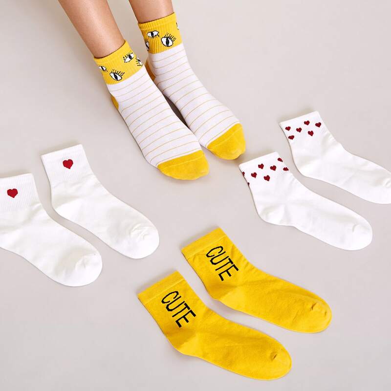 

4pairs Heart & Eye Pattern Socks, Multicolor