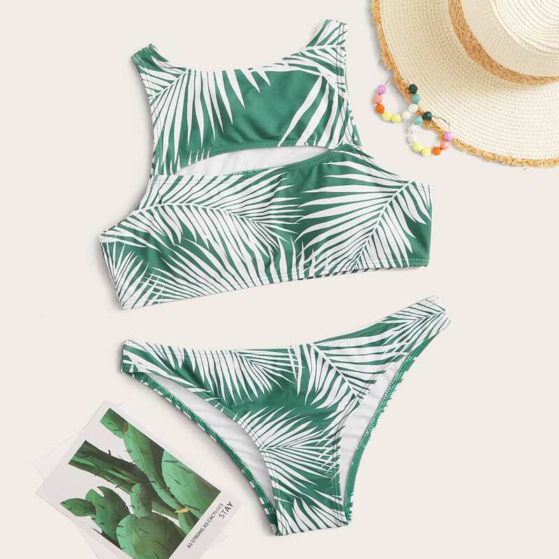

Leaf Print Cutout Top With Low Rise Bikini Set, Multicolor