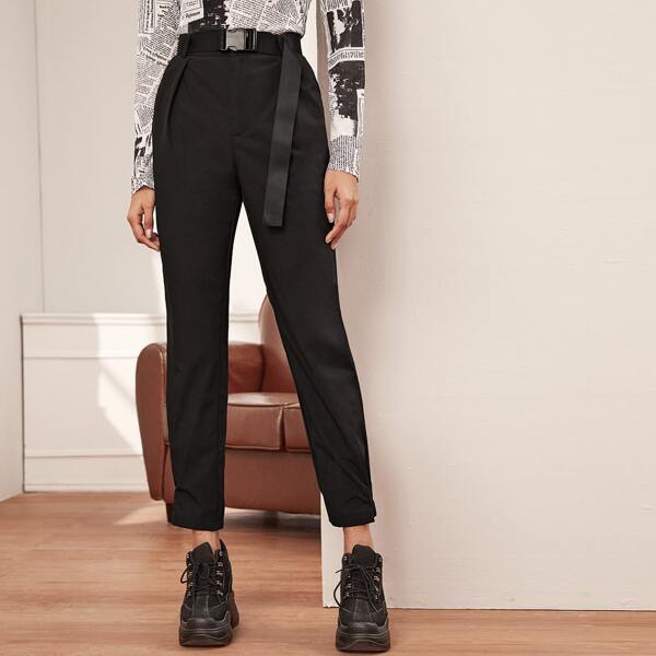 

Slant Pocket Buttoned Hem Belted Pants, Black