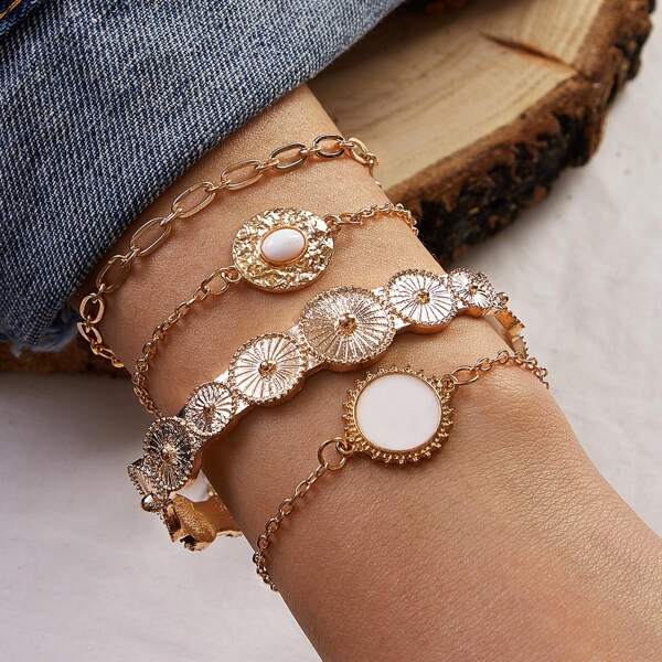 

4pcs Hammered Round Decor Bracelet, Gold