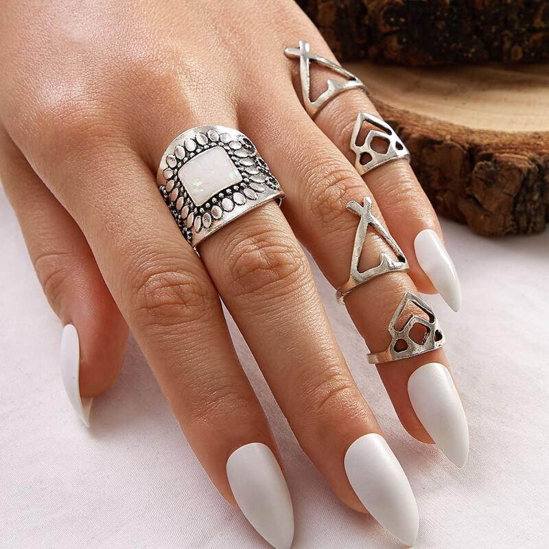 

5pcs Cut Out Geometric Decor Ring, Silver