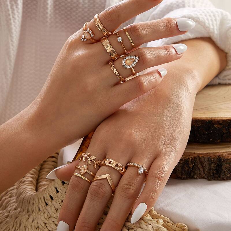 

13pcs Rhinestone Decor Ring, Gold