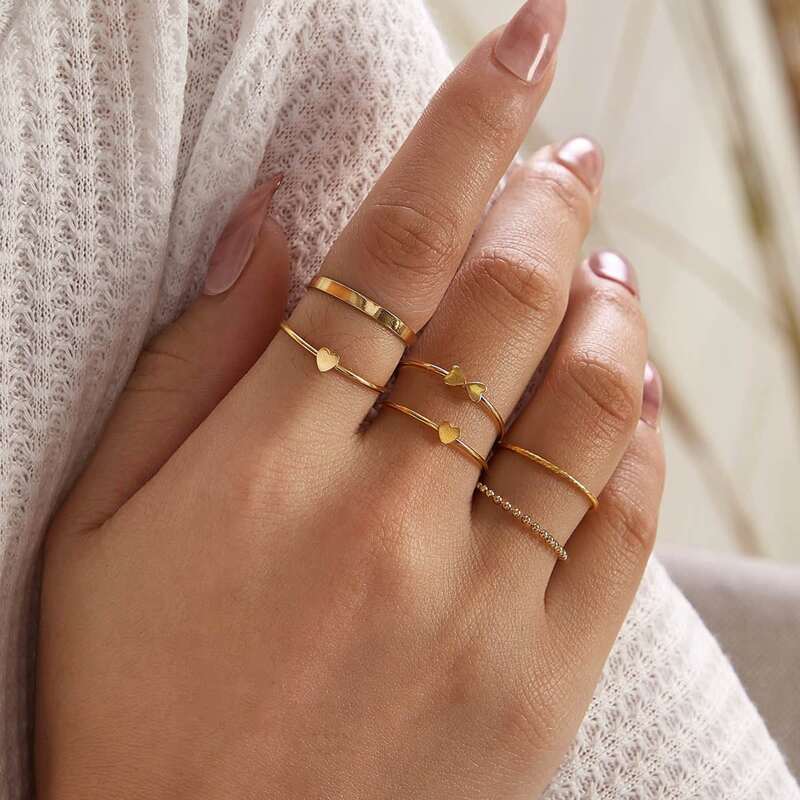 

6pcs Heart Decor Ring, Gold